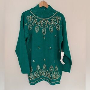 Vintage Victoria Jones Elegant Green Sweater with Intricate Gold Beading Sz S